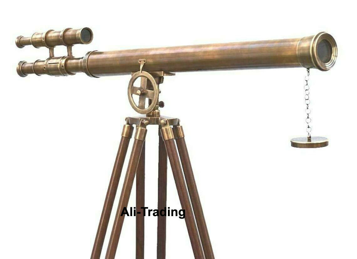Antique Nautical Floor Standing Brass Telescope W/ Wooden Tripod Stand 64 Inch.