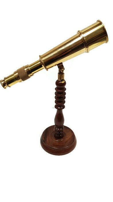 10-3/4" Polished Brass Tabletop Telescope On 9" Rosewood Stand Antique Replica