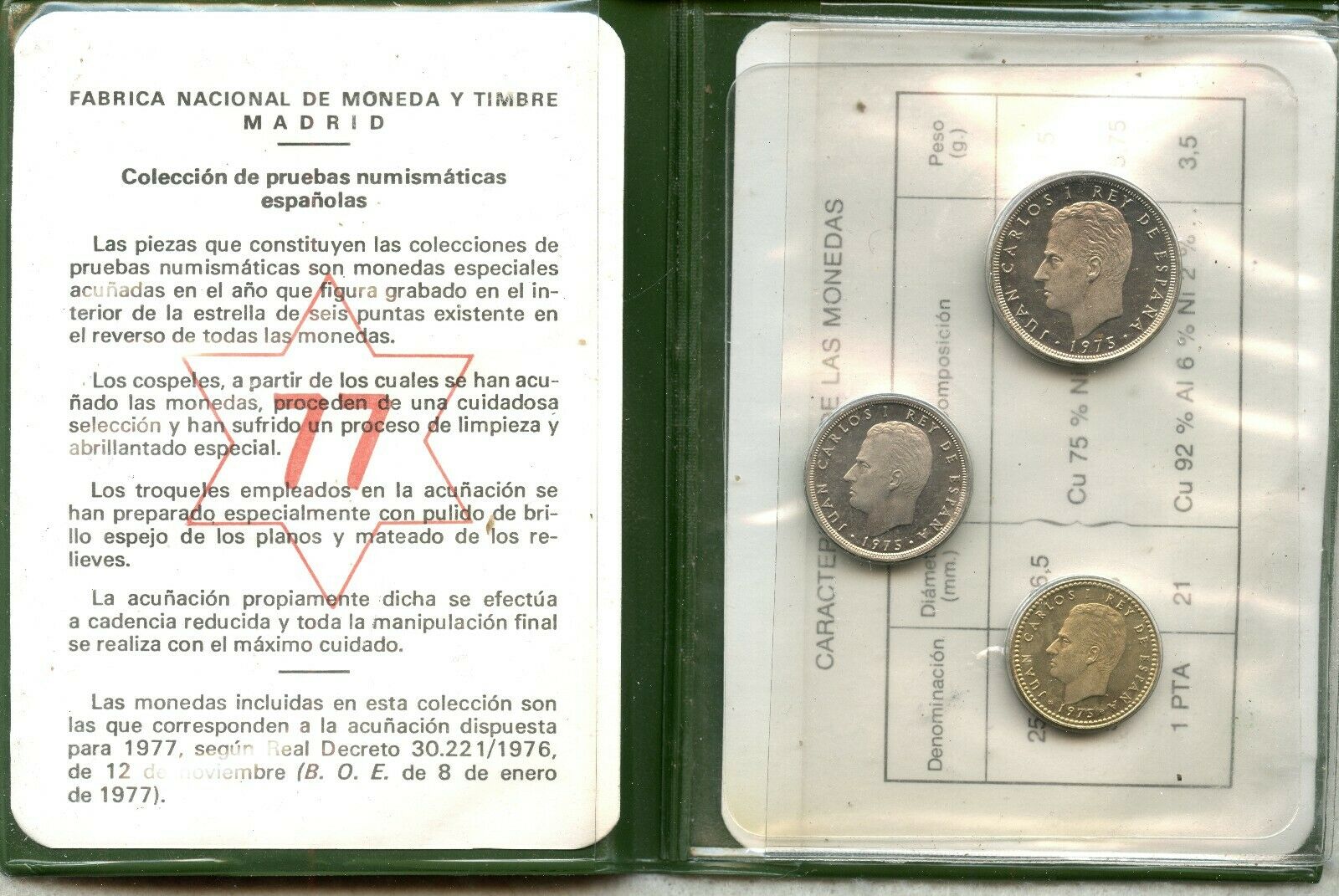 Spain ~ 1977 ~ Mint Set ~ Government Holder ~ 3 Coins